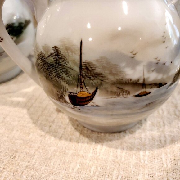RARE Vintage Kutani Scene Mt Fuji River Boats Hand Painted Pitcher Set with Lids - Picture 7 of 8